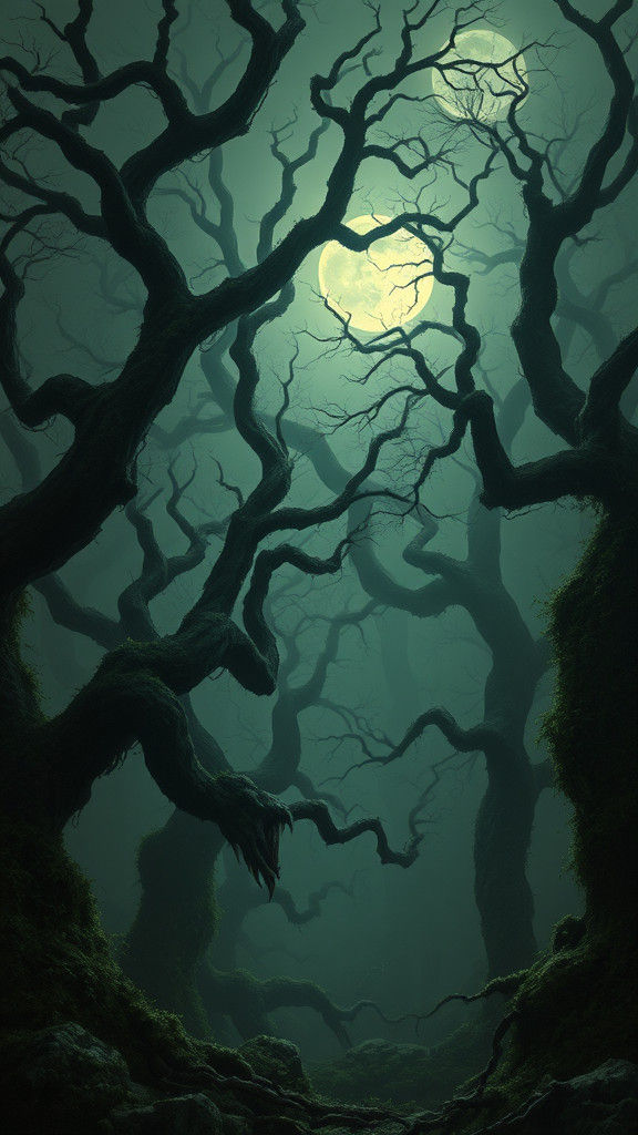 Eerie Moonlit Forest with Twisted Trees