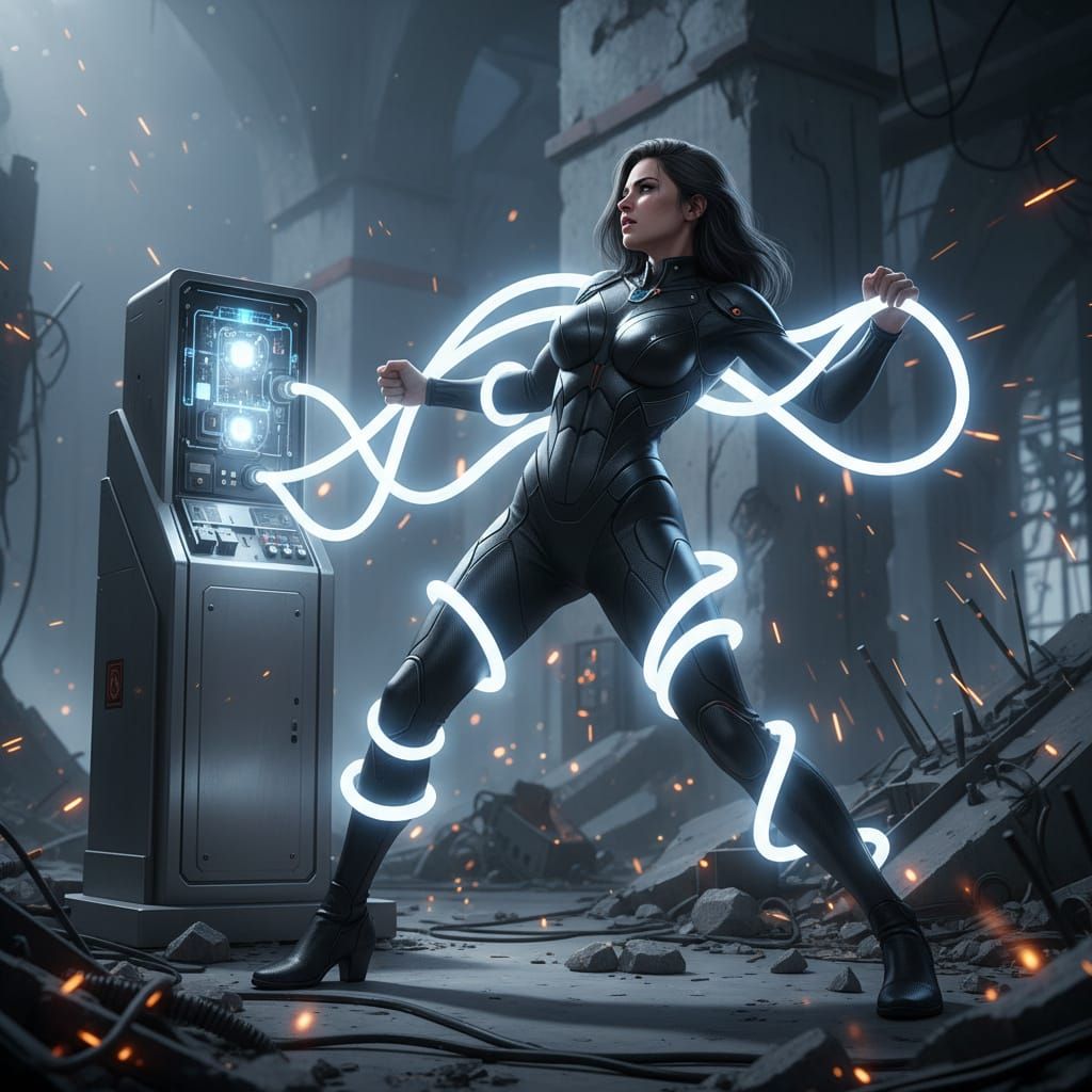 Woman in Tech Suit Fights Against Glowing Tubes