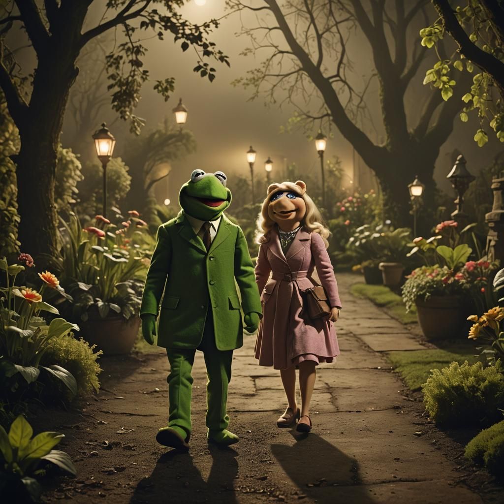 Kermit and Miss Piggy in Moonlit Garden