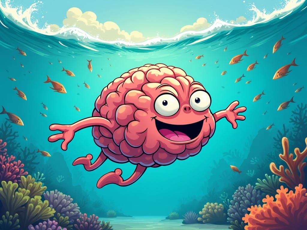 Playful Cartoon Brain Dives into Turquoise Ocean