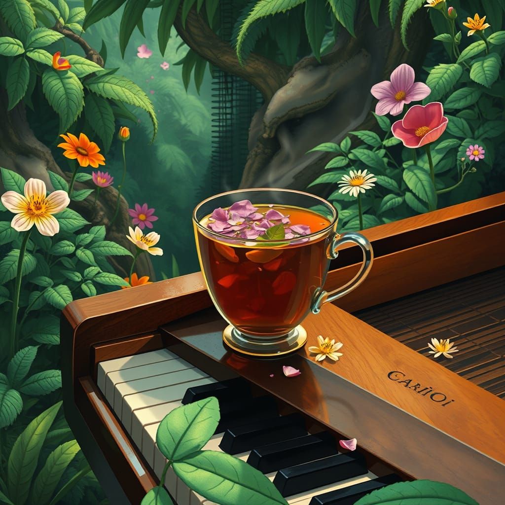 Herbal Tea in Alien Jungle, Whimsical Art Style