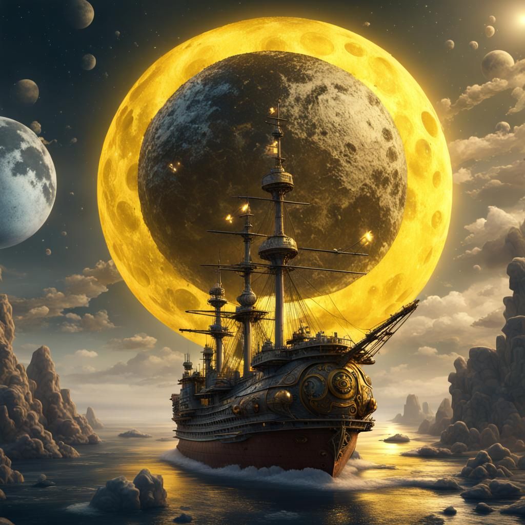 Crystal Snail Battleship with Yellow Moon: Matte Painting