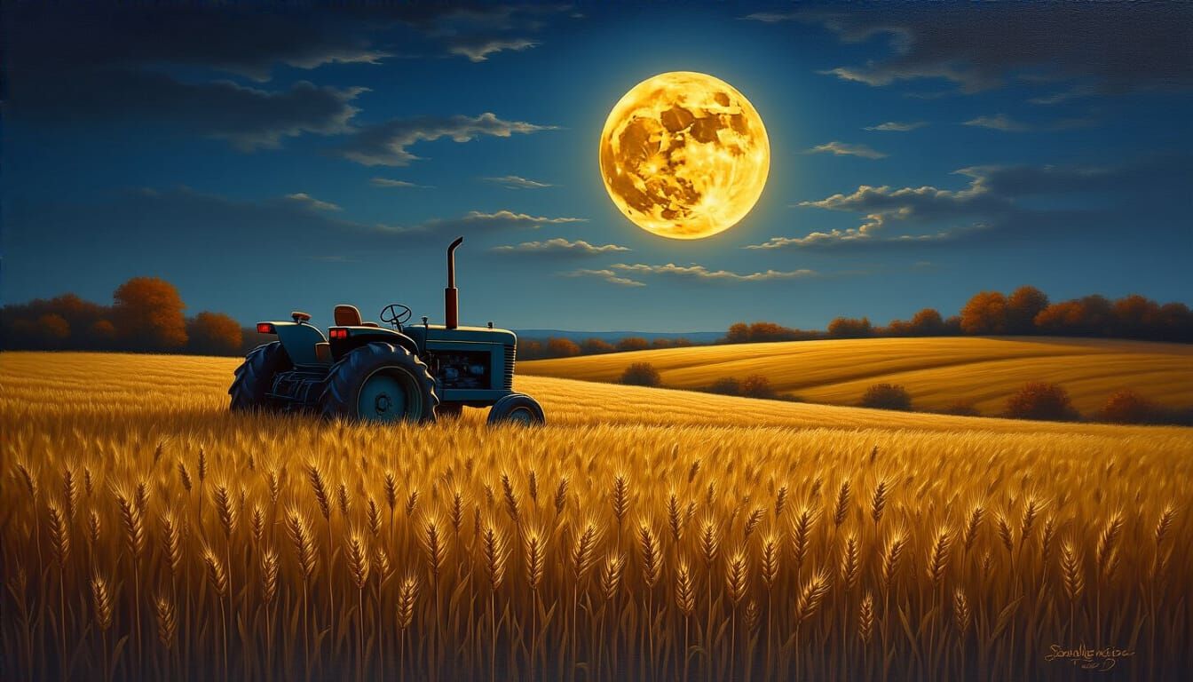 Harvest Moon Over Wheat Fields in Oil Painting Style