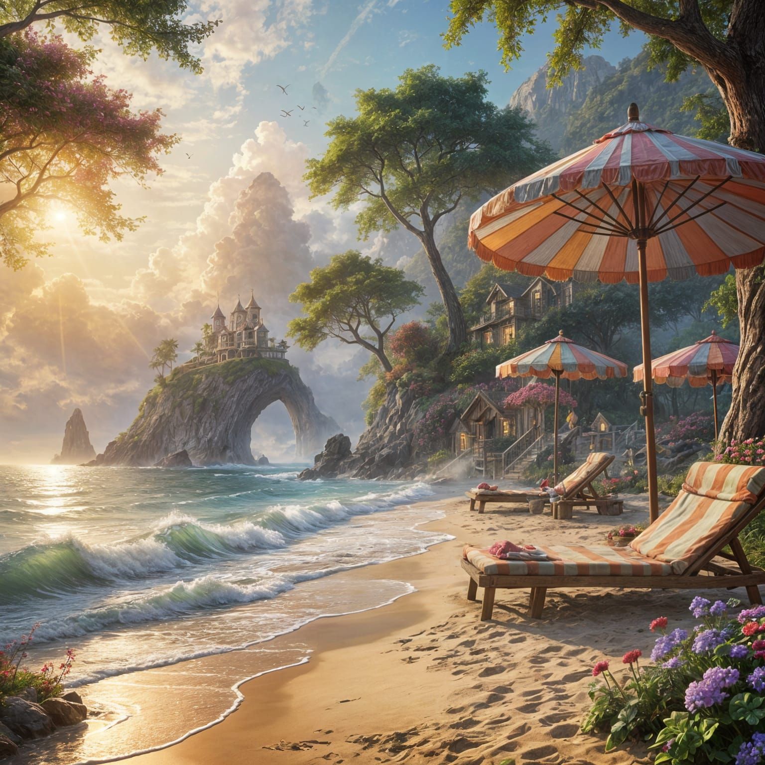 Idyllic Beach Scene with Sunbathers and Gentle Waves