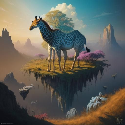 Upside Down Giraffe in Surreal Dreamscape Oil Painting