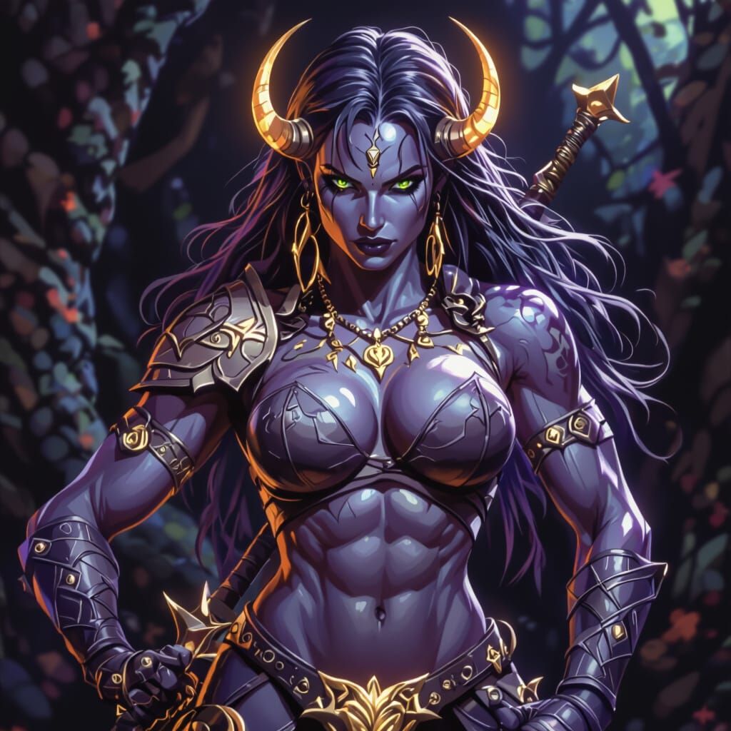 Muscular Drow Warrior Queen in Mystical Forest