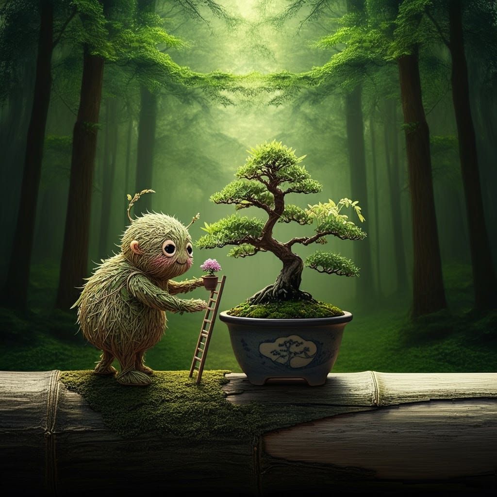 Miniature Gardener in Whimsical Japanese Forest