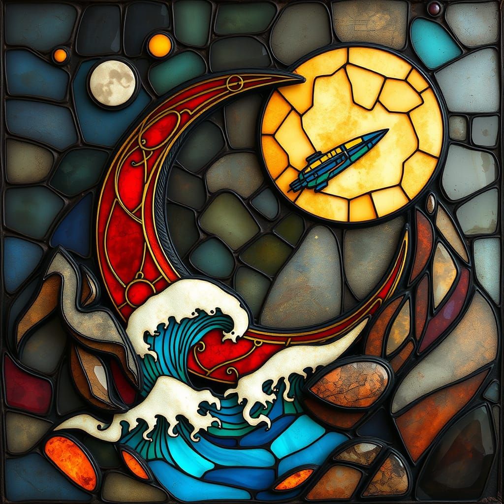 Steampunk Crescent Moon Spaceship in Vibrant Cyberpunk Color...