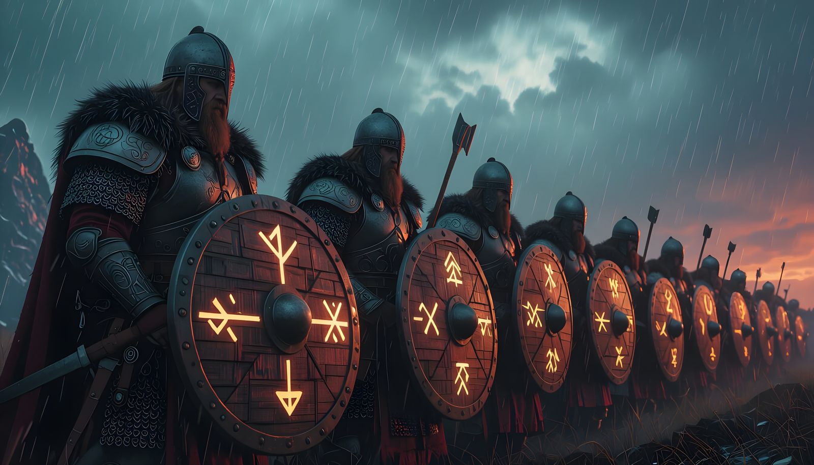 Epic Nordic Fantasy Shield Wall in Cyberpunk Style