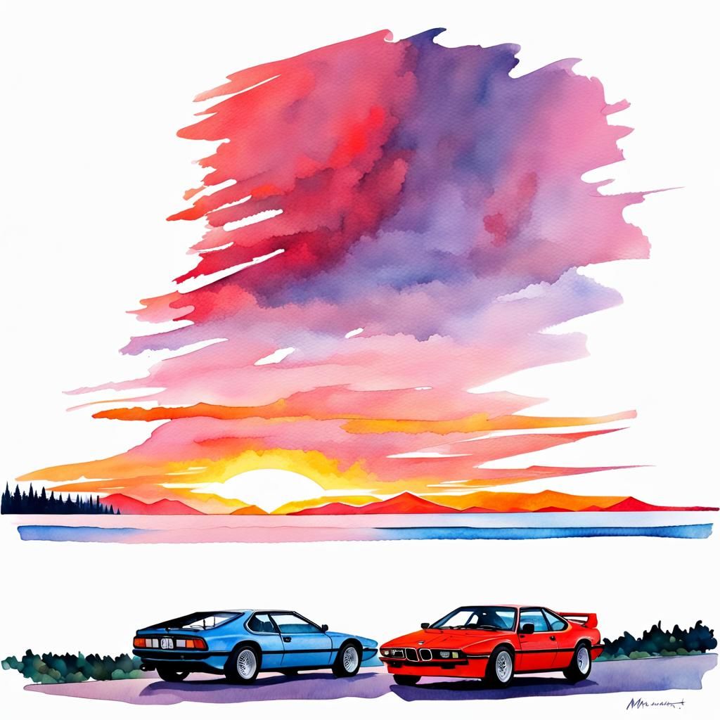 Red BMW M1 Sunset: Gouache Watercolor Masterpiece