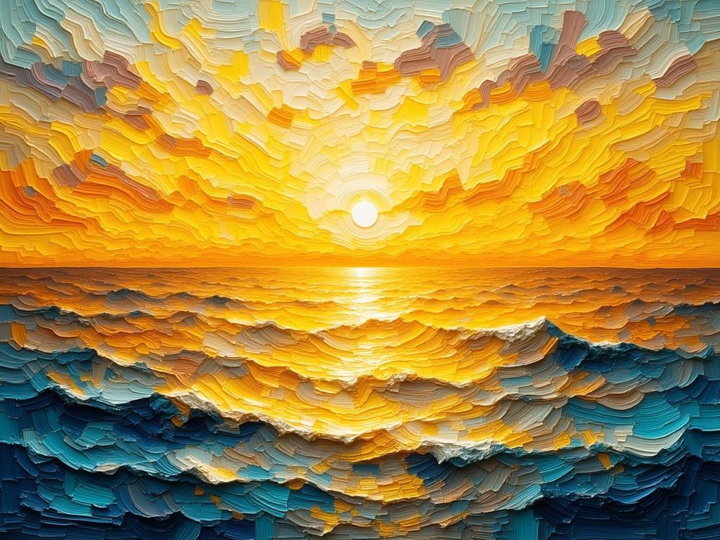 Impressionist Seascape Sunset Painting with Textured Brushst...