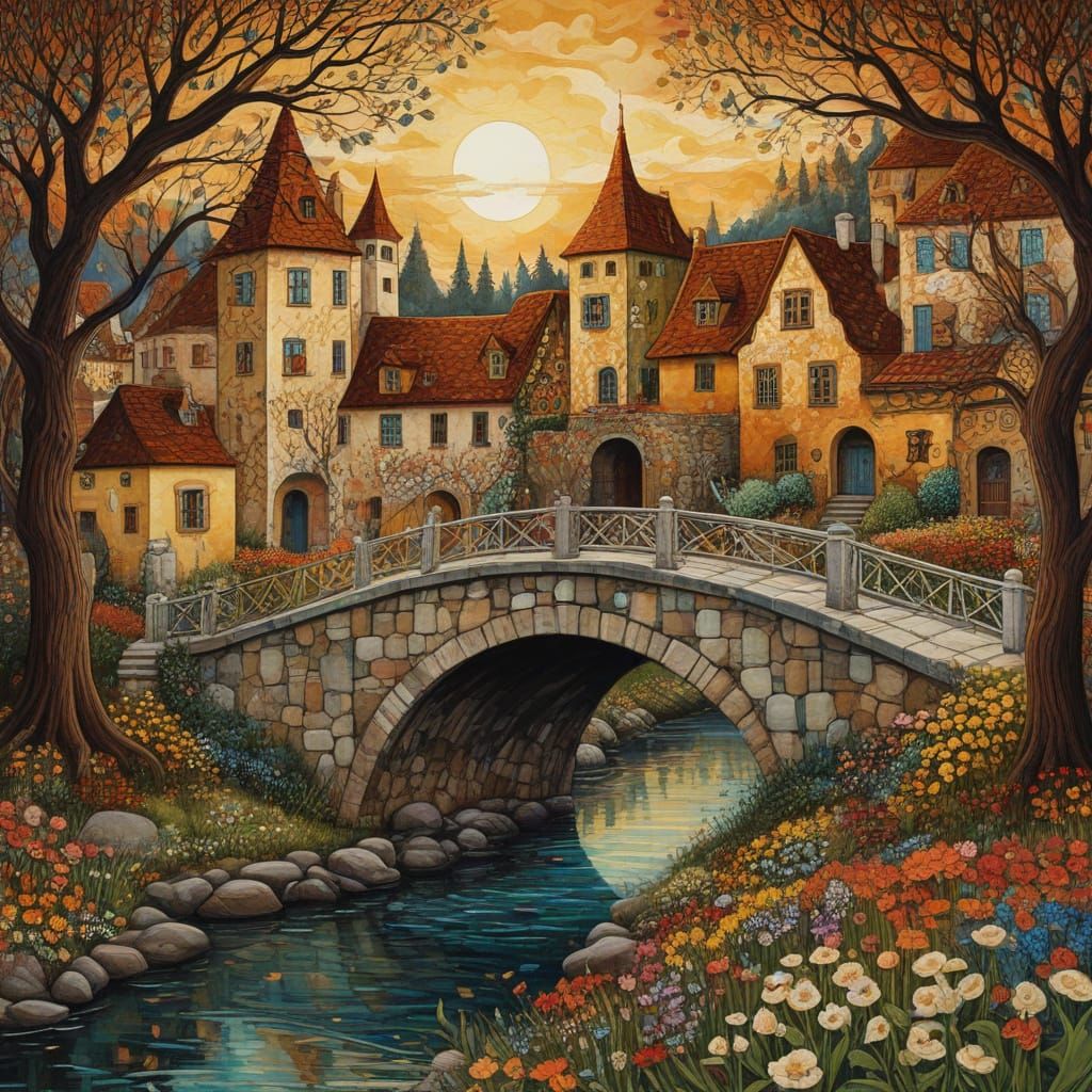 Whimsical Fairy Tale Village in Vibrant Art Nouveau Style