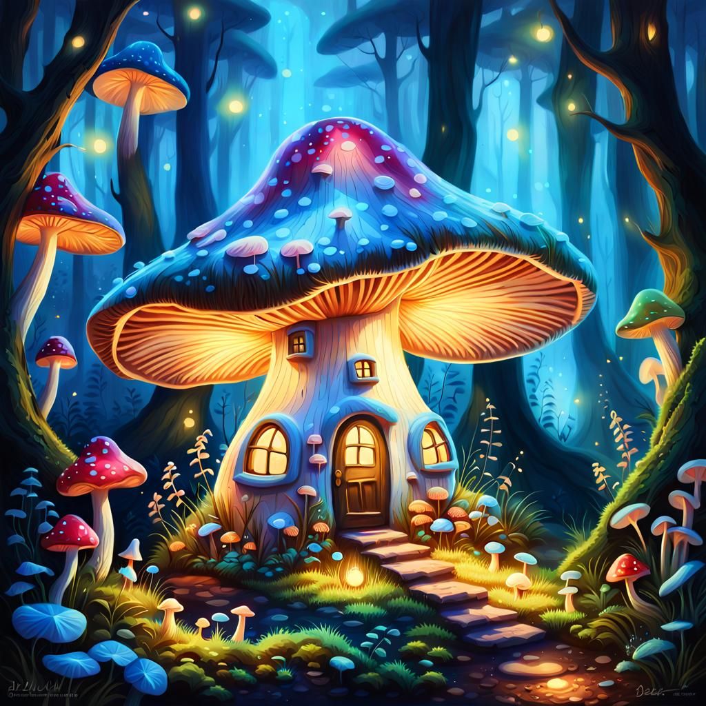 Enchanted Fairy Mushroom House in Bioluminescent Forest
