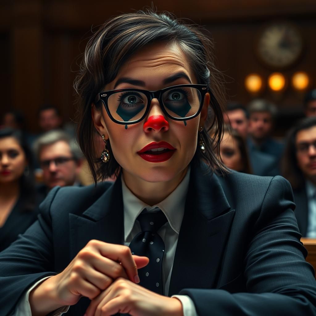 Lawyer with Clown Makeup in Courtroom Drama