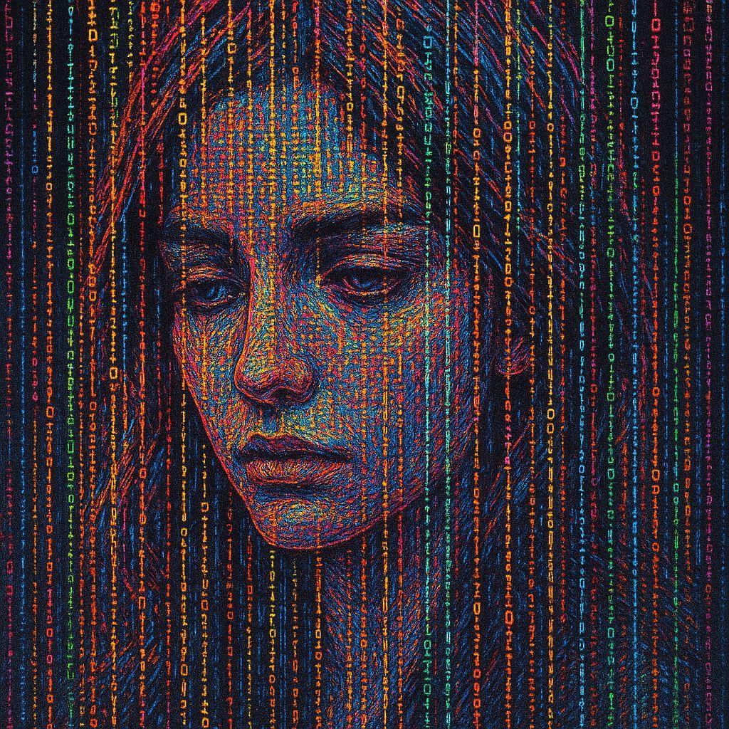 Vertical Glitch Portrait with Code Rain