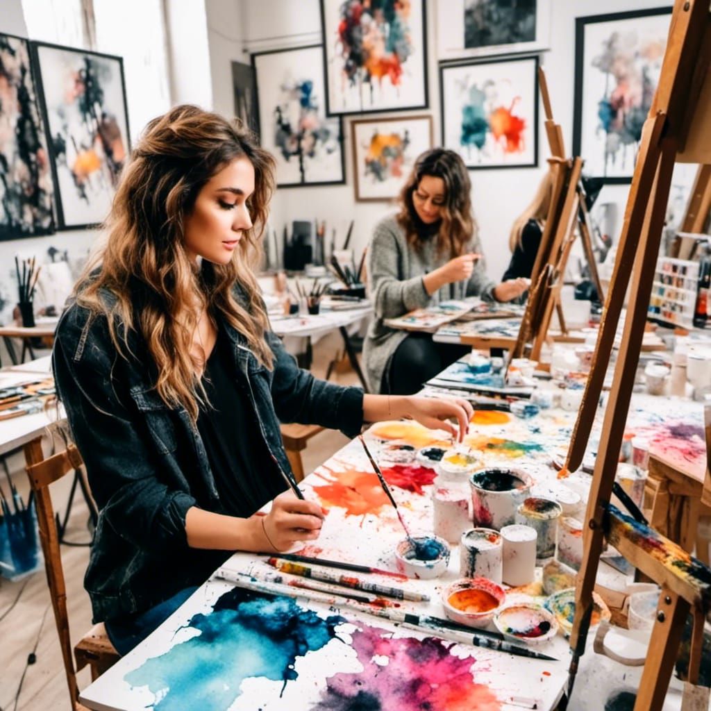 Colorful Watercolor Painting of Woman in Art Class