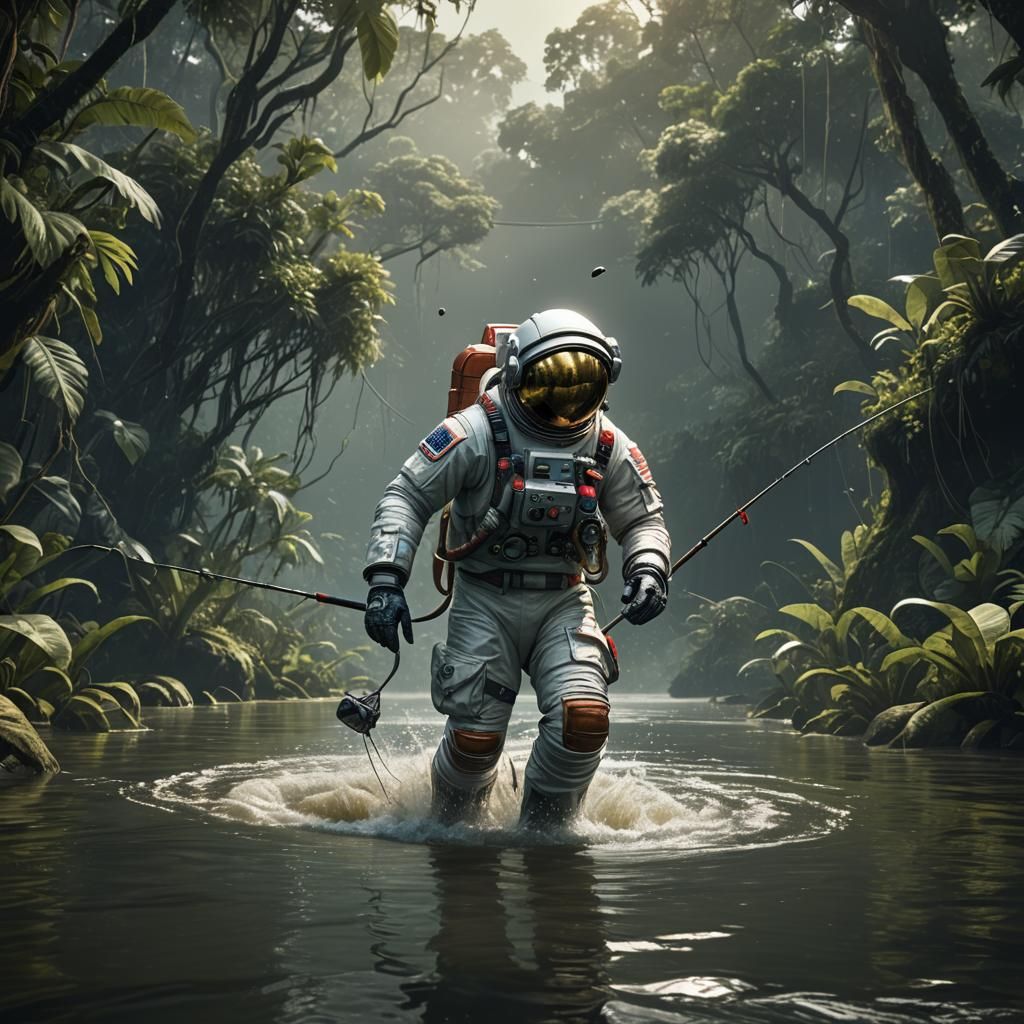 Astronaut Fishing in the Amazon River