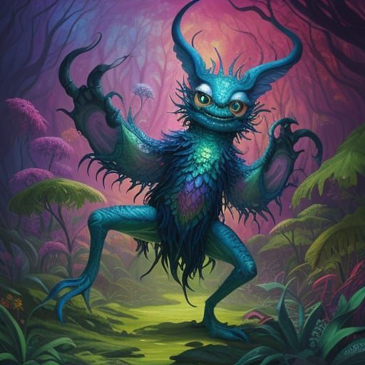 Whimsical Fantasy Creature Plays Instrument in Lush Forest