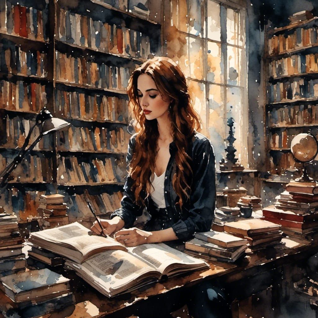 Beautiful Girl in Bookshop: Modern Ink Painting