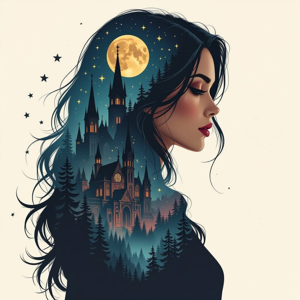 A surrealistic portrayal of a woman's profile. Her silhouette is intricately intertwined with a dreamlike landscape, fea...