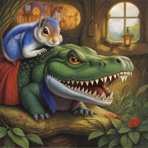 Squirrel and Crocodile in Storybook Illustration