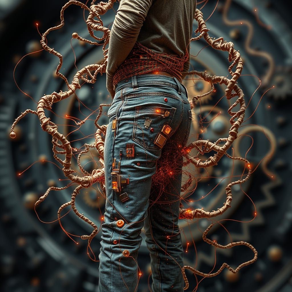 Futuristic DNA Jeans with Clockwork & Genetic Code
