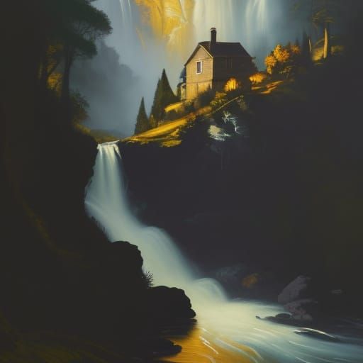 Waterfall House in Impasto Oil Painting Style