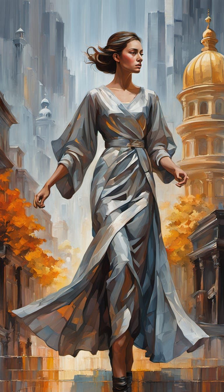 Textured Painting of Woman Dancing in Translucent Cloaks