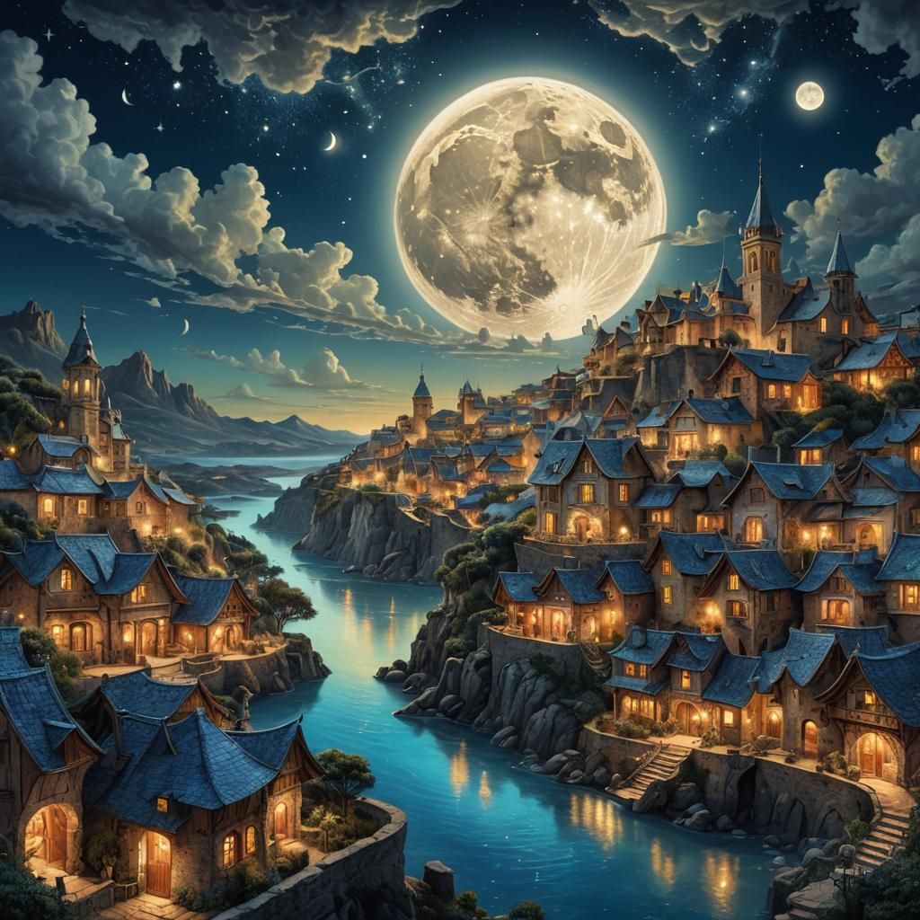 Opal Village Under Moonlit Sky in Fantasy Style