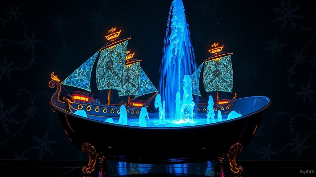 Bioluminescent Fountains and Ships in Bathtub, Futuristic St...