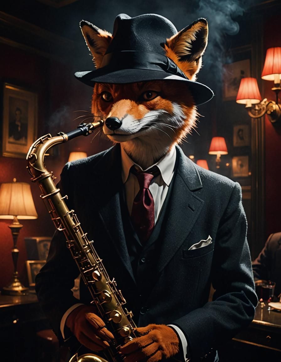 Film Noir Fox Saxophonist in Smoky Jazz Club