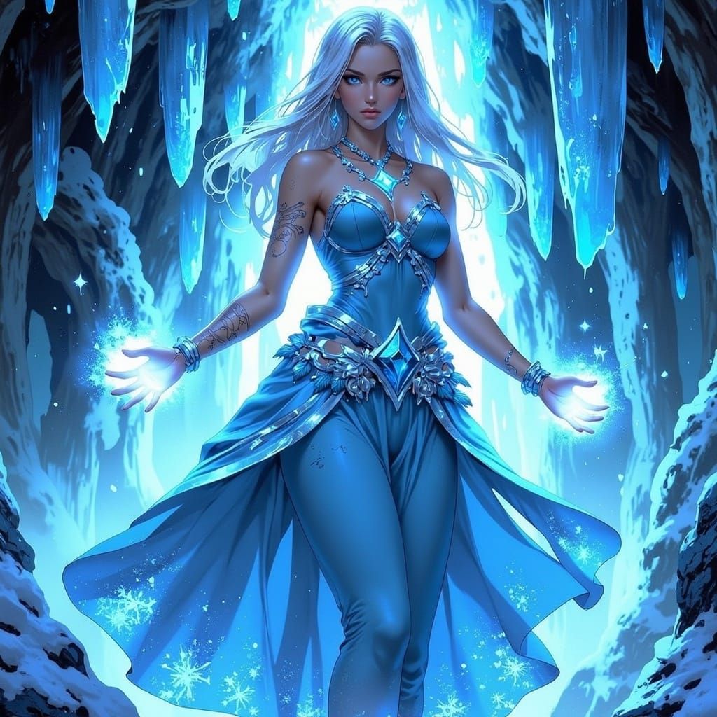 Ice Sorceress in Frozen Cavern Digital Art