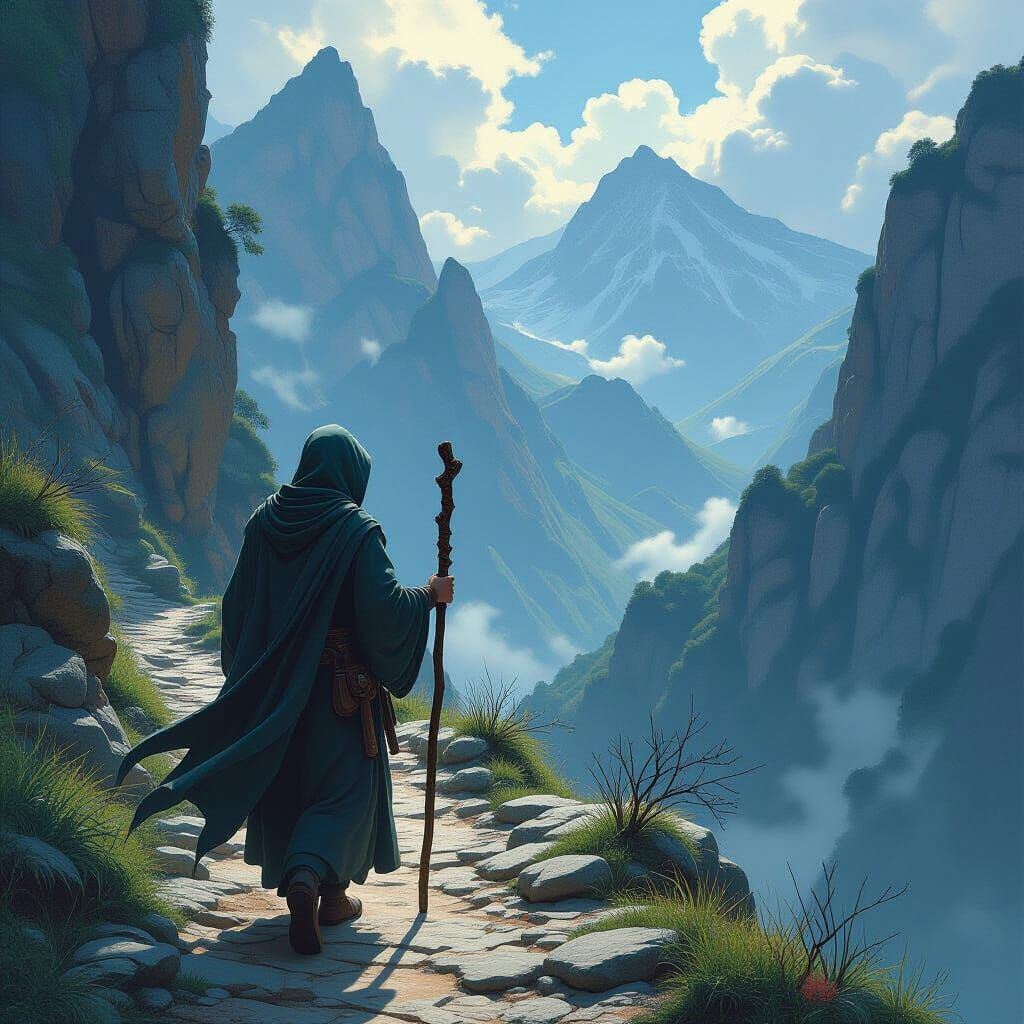 Mystical Monk on Mountain Path in Fantasy Art Style