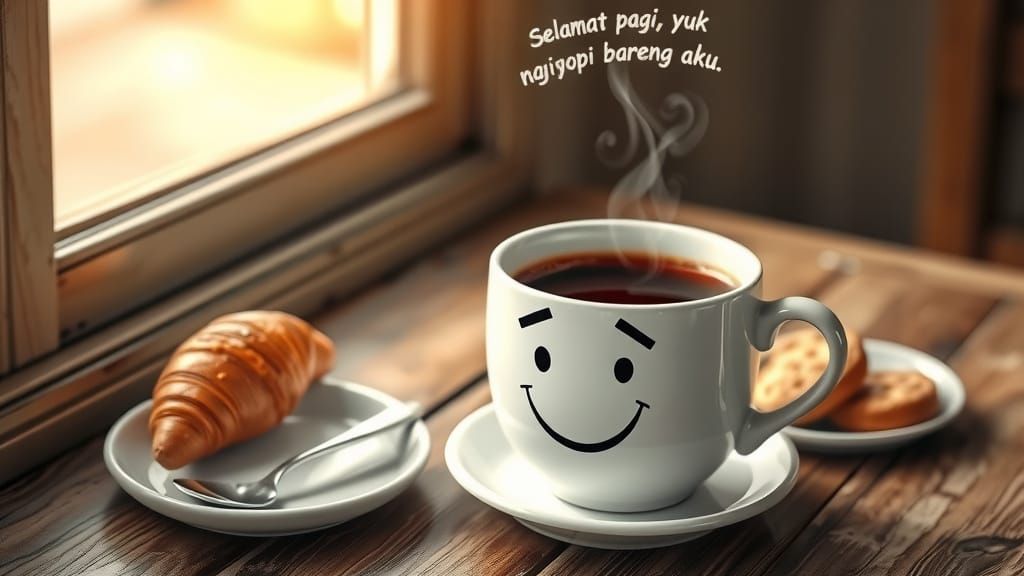 Cozy Morning Coffee Scene with Whimsical Text