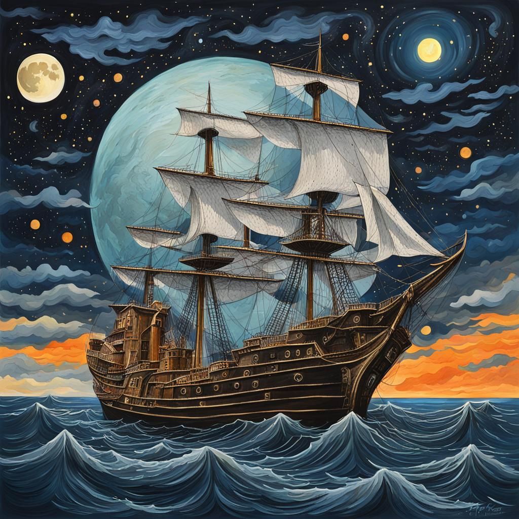 Ship on the Sea Under a Full Moon