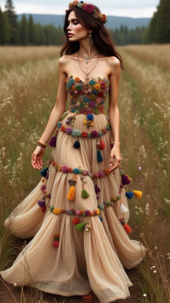 Woman in Flowing Dress with Boho Necklace