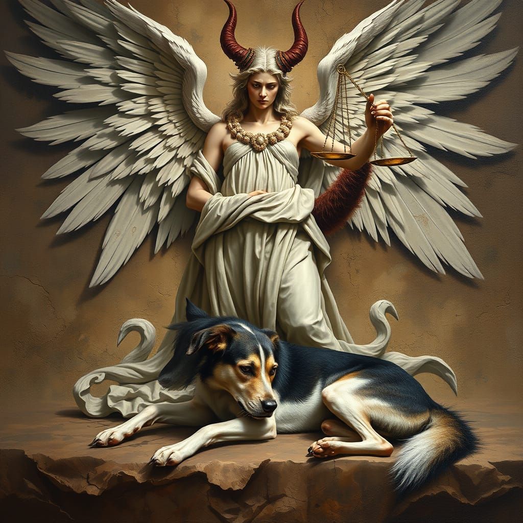 Libra Angel Judges Vulnerable Dog: Impasto Painting