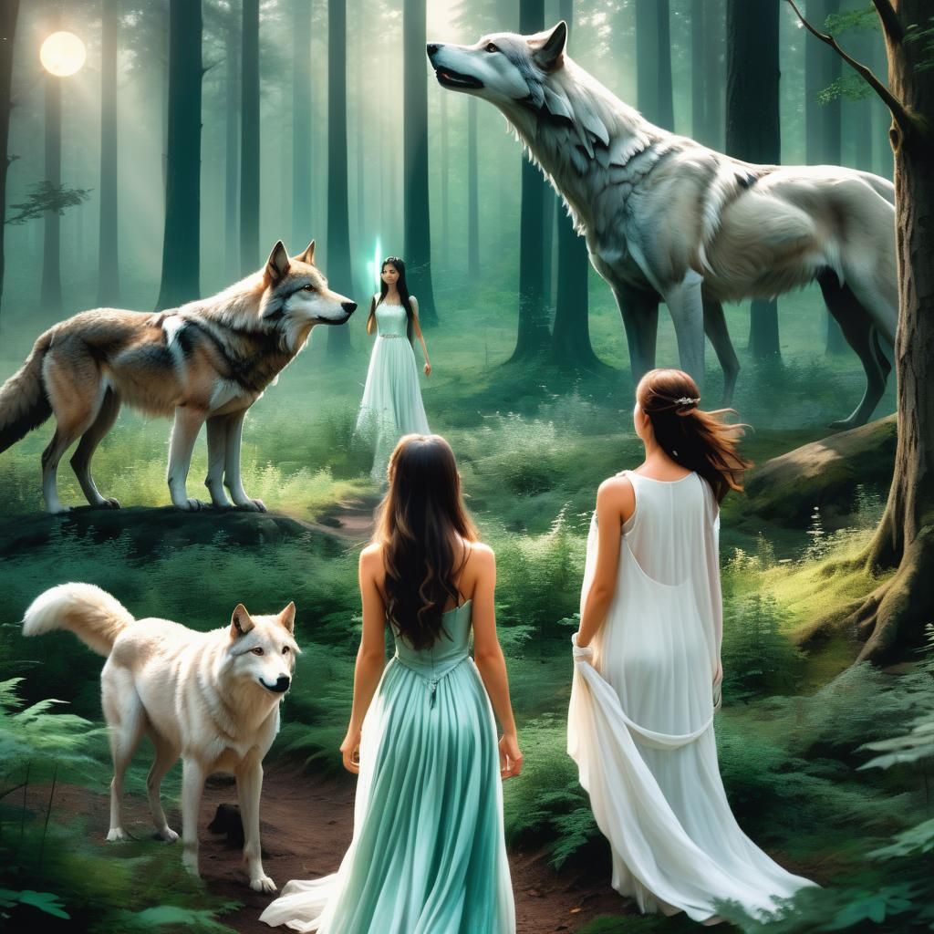 Magical Forest Landscape with Wolf, Horse and Falcon