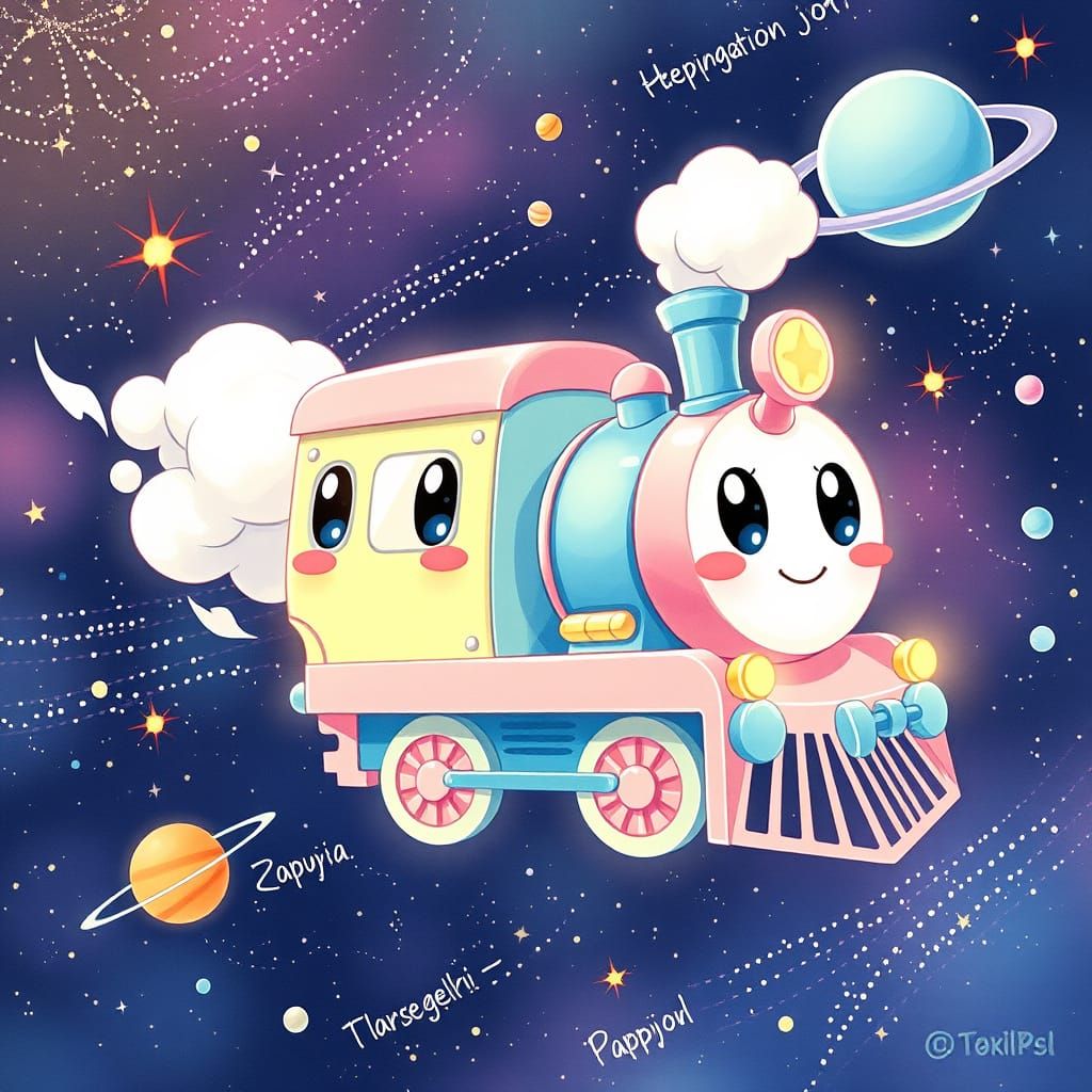 Pastel-Colored Chubby Train Soars Through Vibrant Starry Nig...