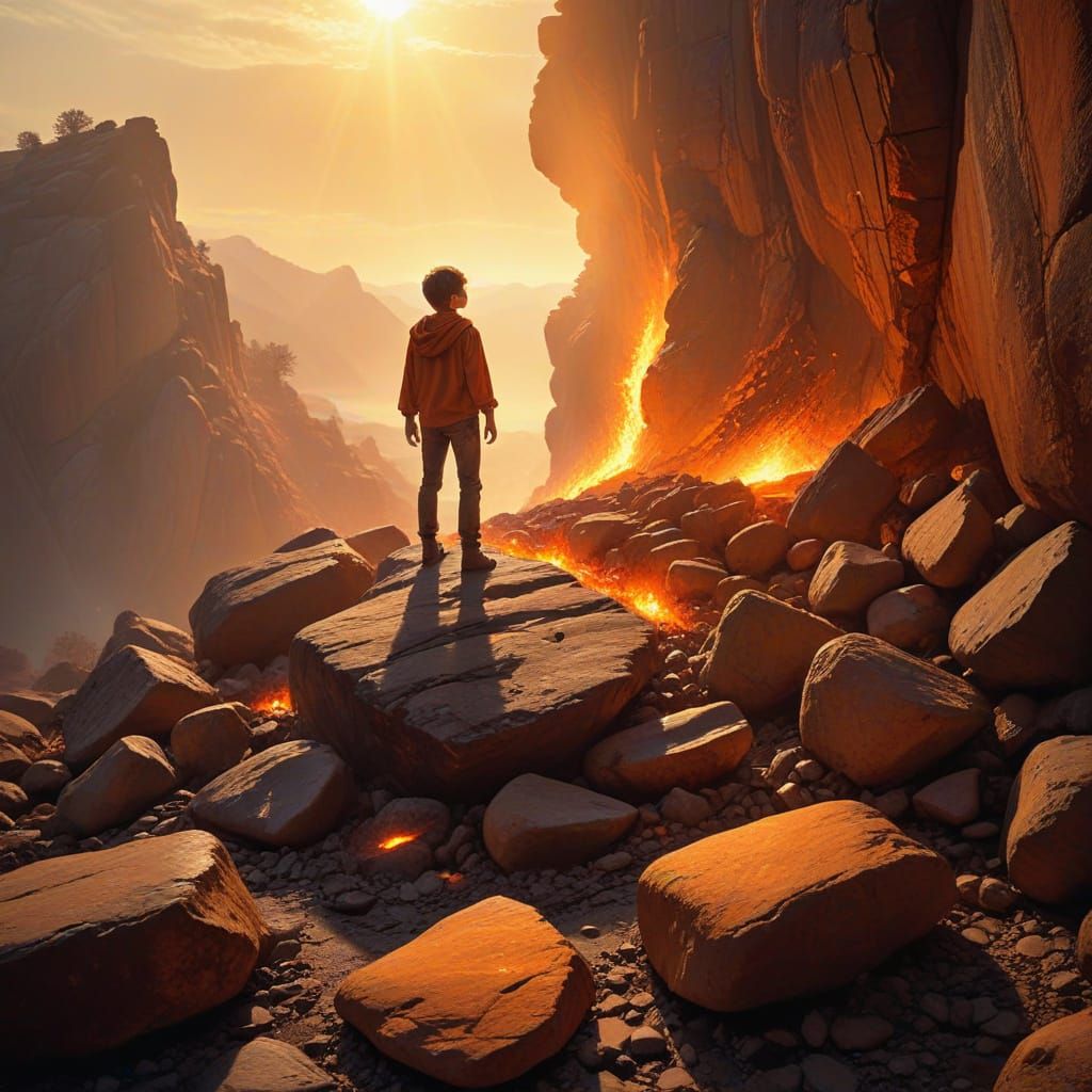 Boy Gazing at Fiery Surreal Landscape