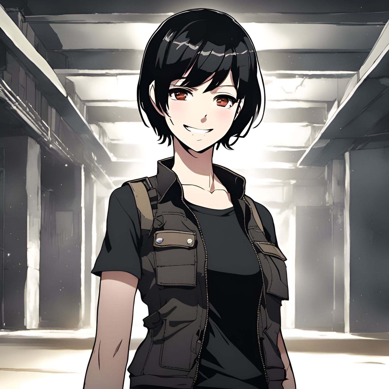 Anime Girl with Bulletproof Vest in Dark Room