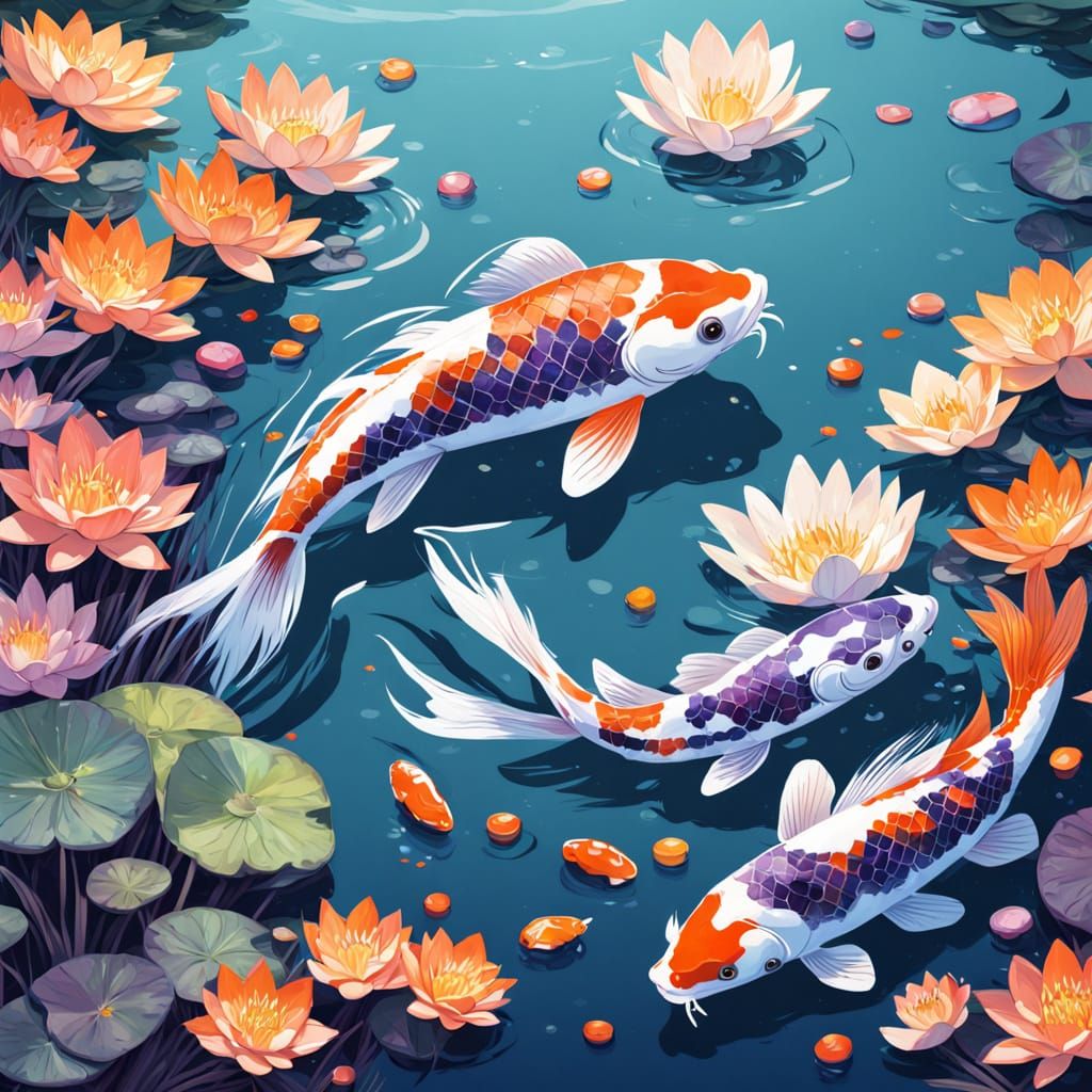 Whimsical Ukiyo-E Koi Fish in a Crystal Pond