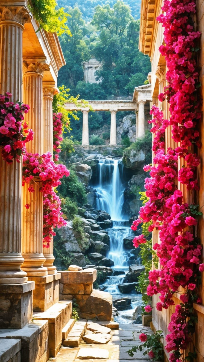 Ancient Greek Ruins Overgrown with Rambler Roses