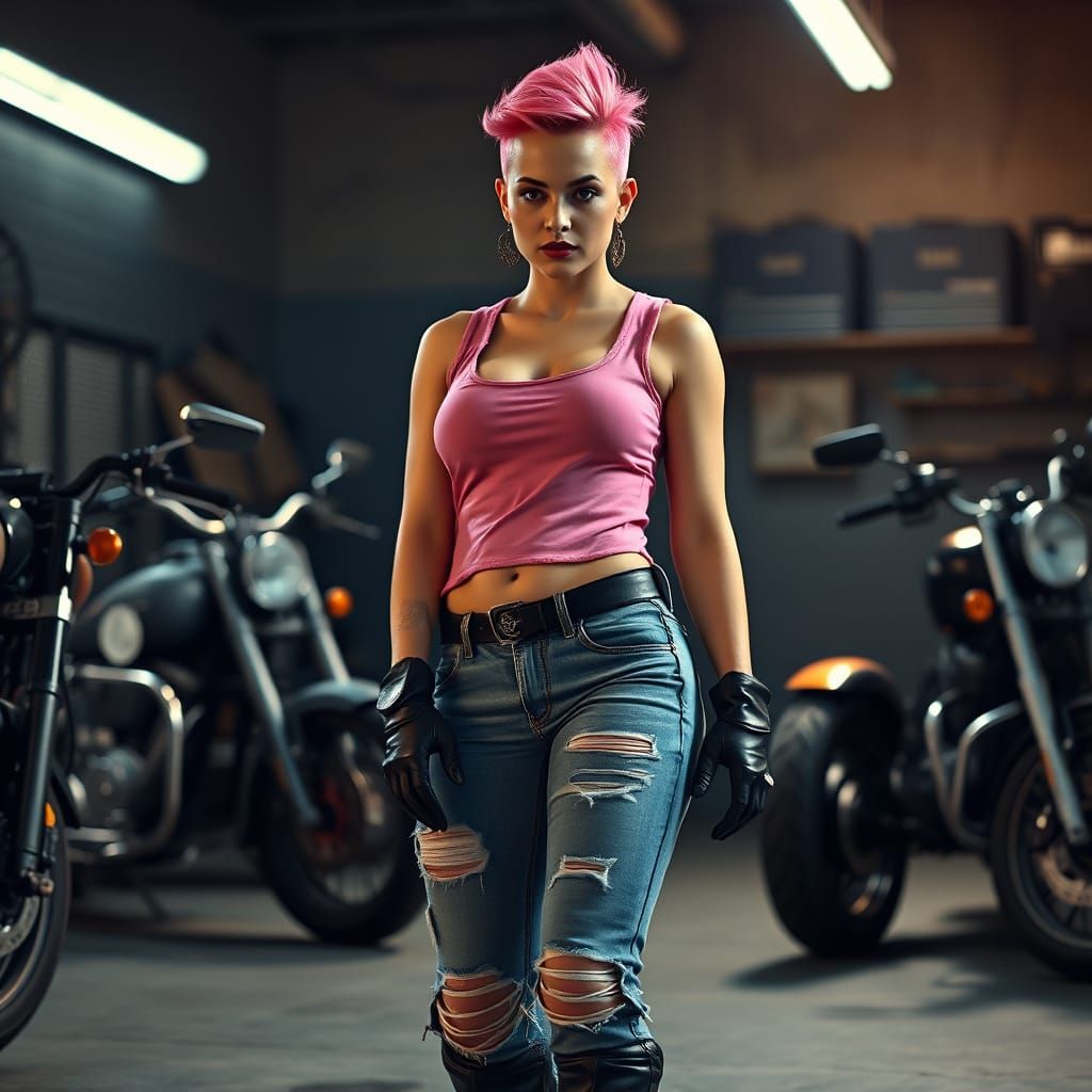 Sultry Punk Biker Girl in a Dimly Lit Garage
