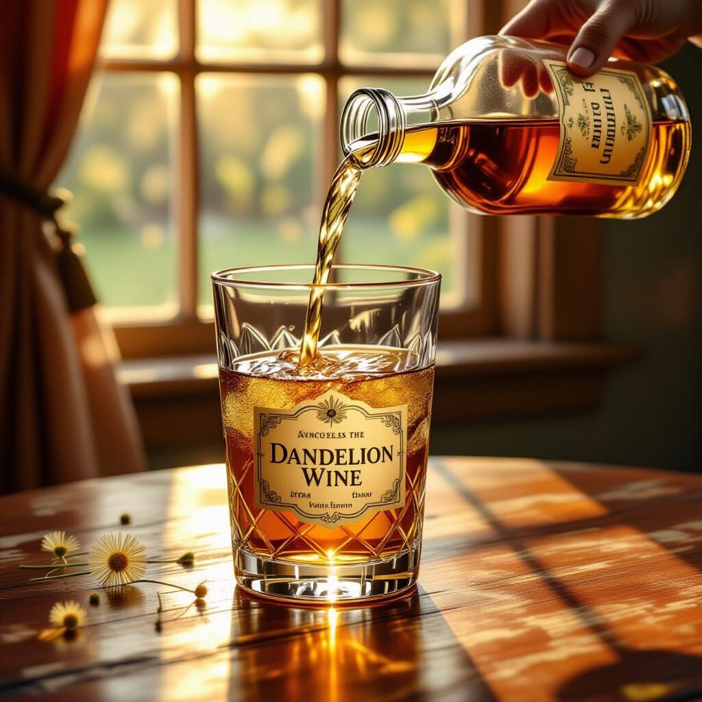 Dandelion Wine Pouring in Nostalgic Art Deco Scene