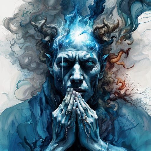 Monk's Soul Ablaze: Inkblot Art with Blue Fire