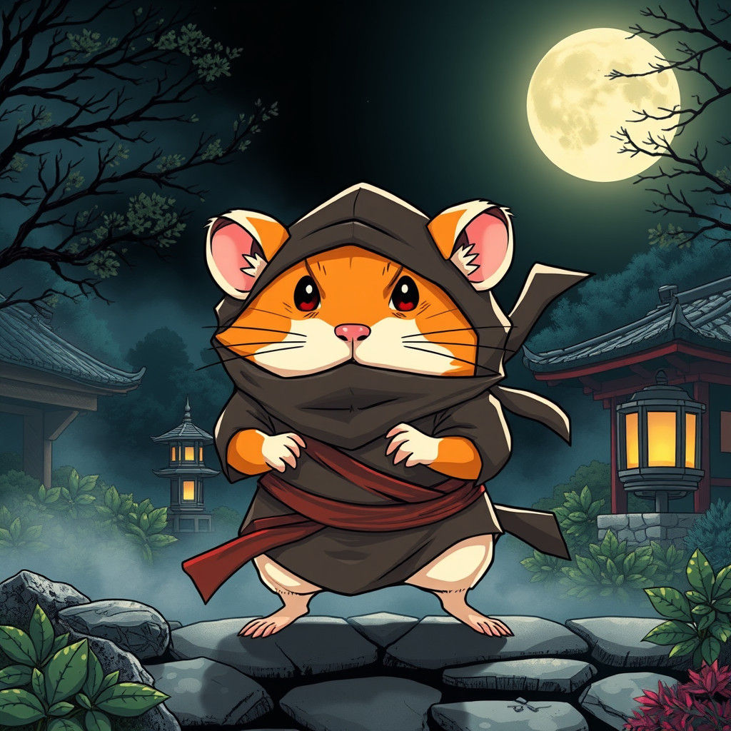 Ninja Hamster in Japanese Garden, Anime Style