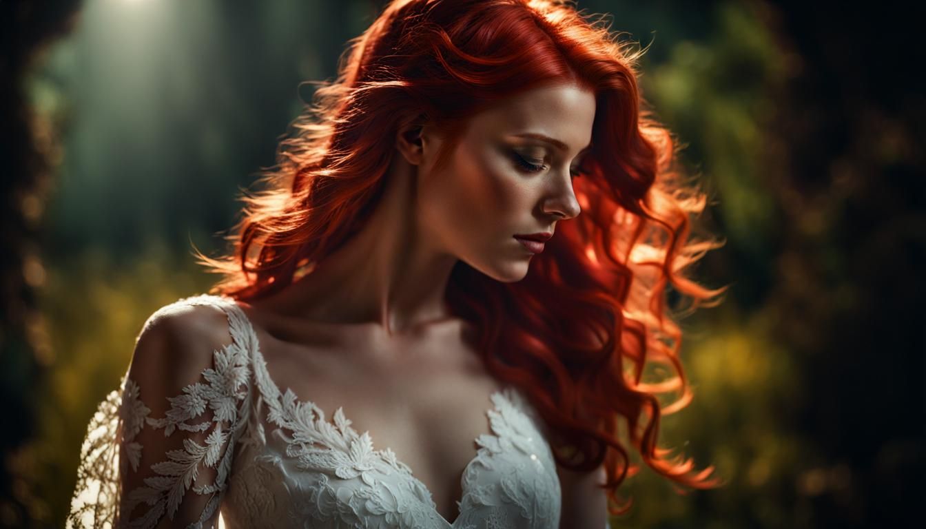 Redhead in White Dress with Dramatic Lighting