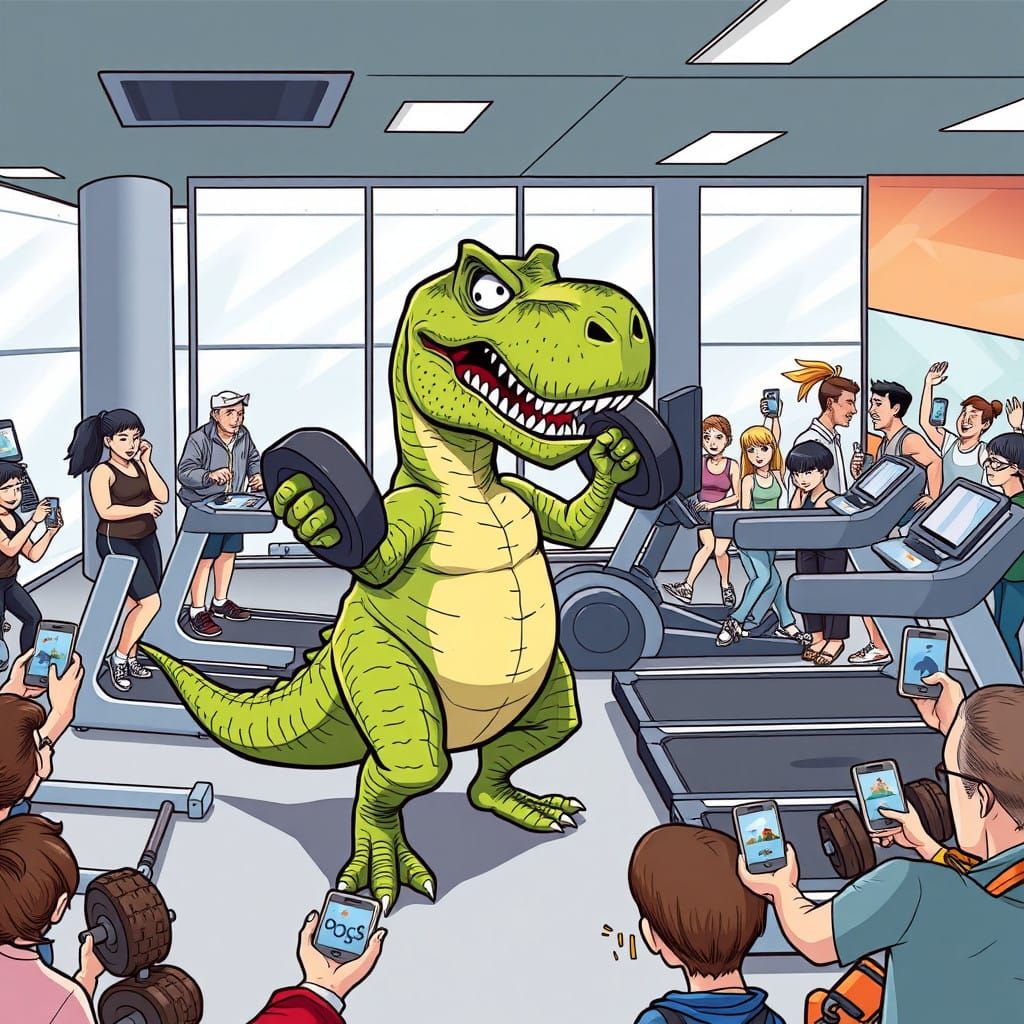 Cartoon T-Rex Crushes Gym Workout