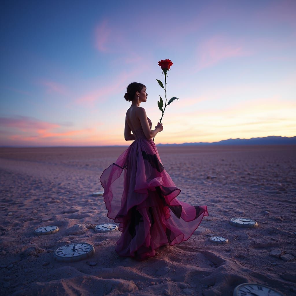 Surreal Desert Landscape with Woman and Glass Rose